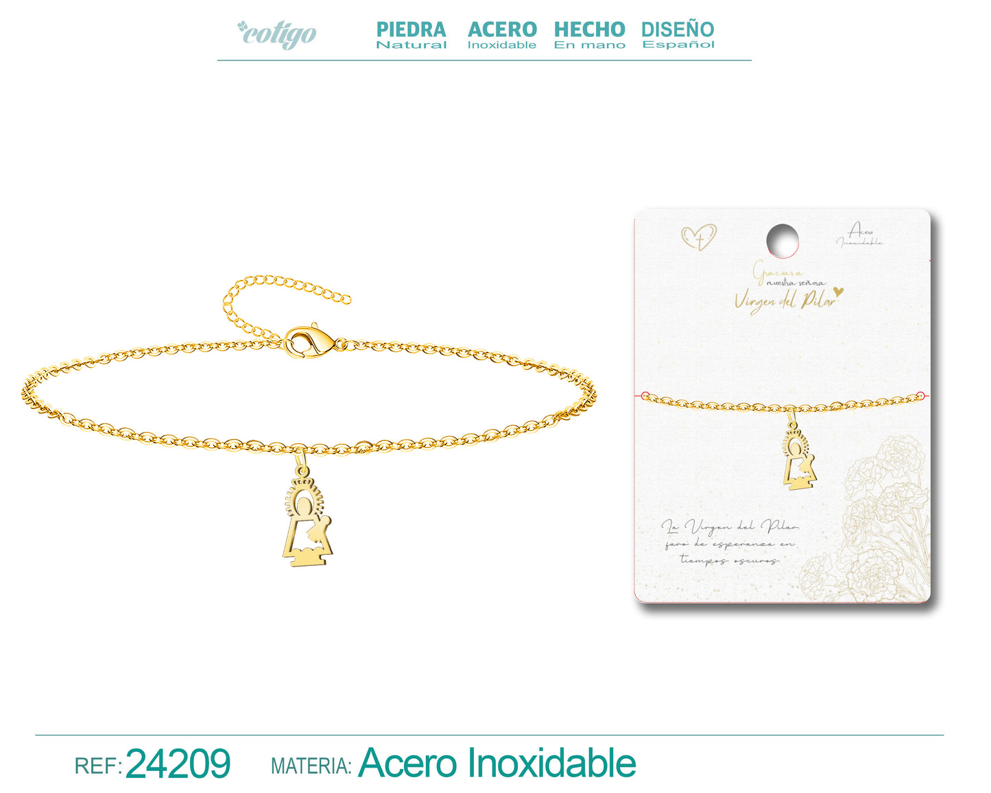 Pulsera con Silueta de Virgen del Pilar en Acero Dorado