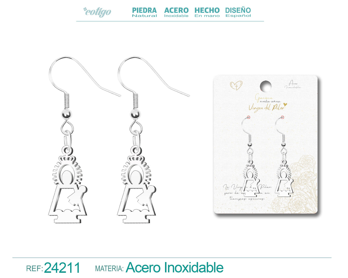 Pendientes de gancho en acero inoxidable plateado con colgante de silueta de la Virgen del Pilar y tarjeta de regalo