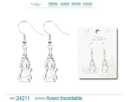 Pendientes de gancho en acero inoxidable plateado con colgante de silueta de la Virgen del Pilar y tarjeta de regalo