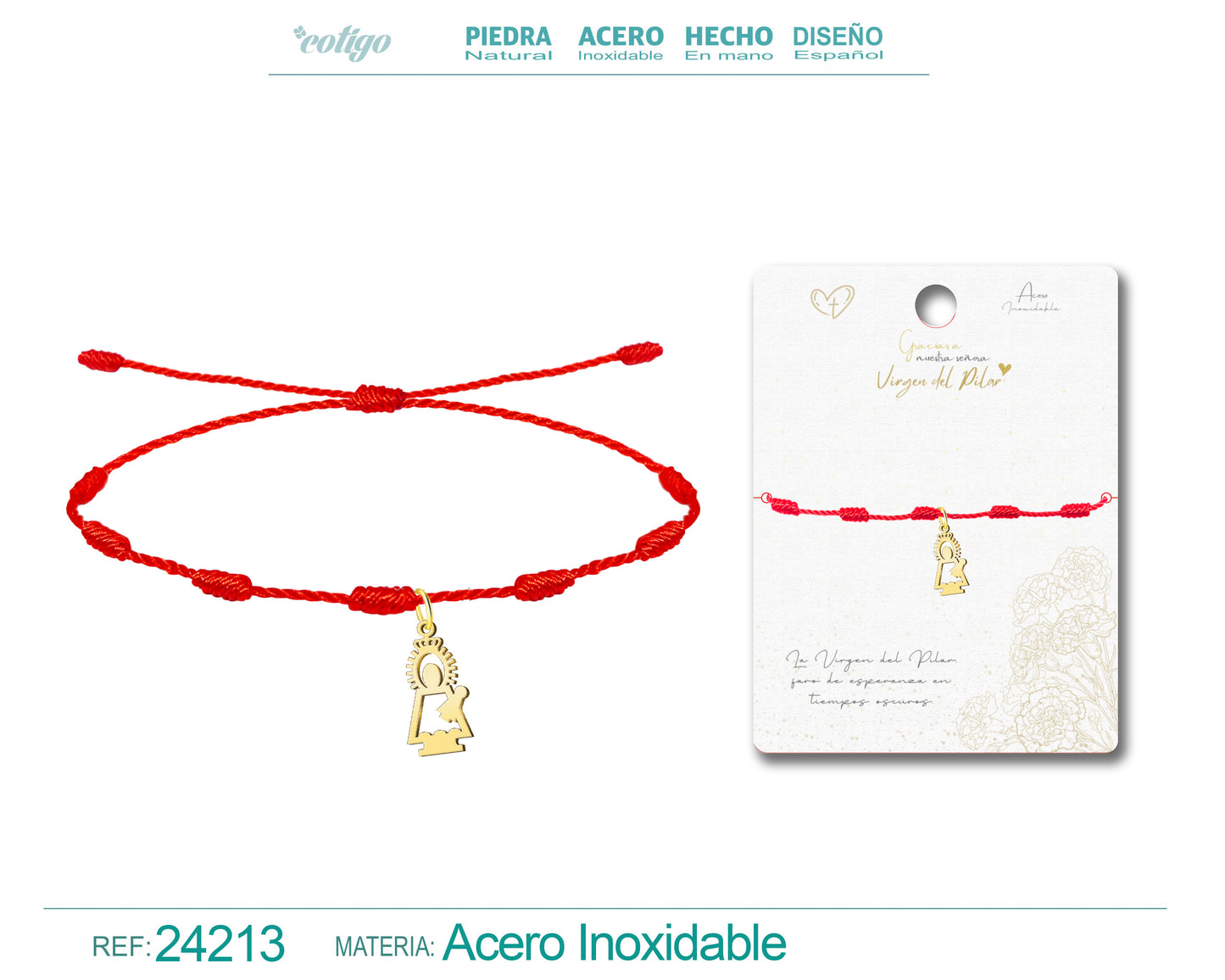 Pulsera 7 Nudos con Silueta de Virgen del Pilar en Acero Dorado