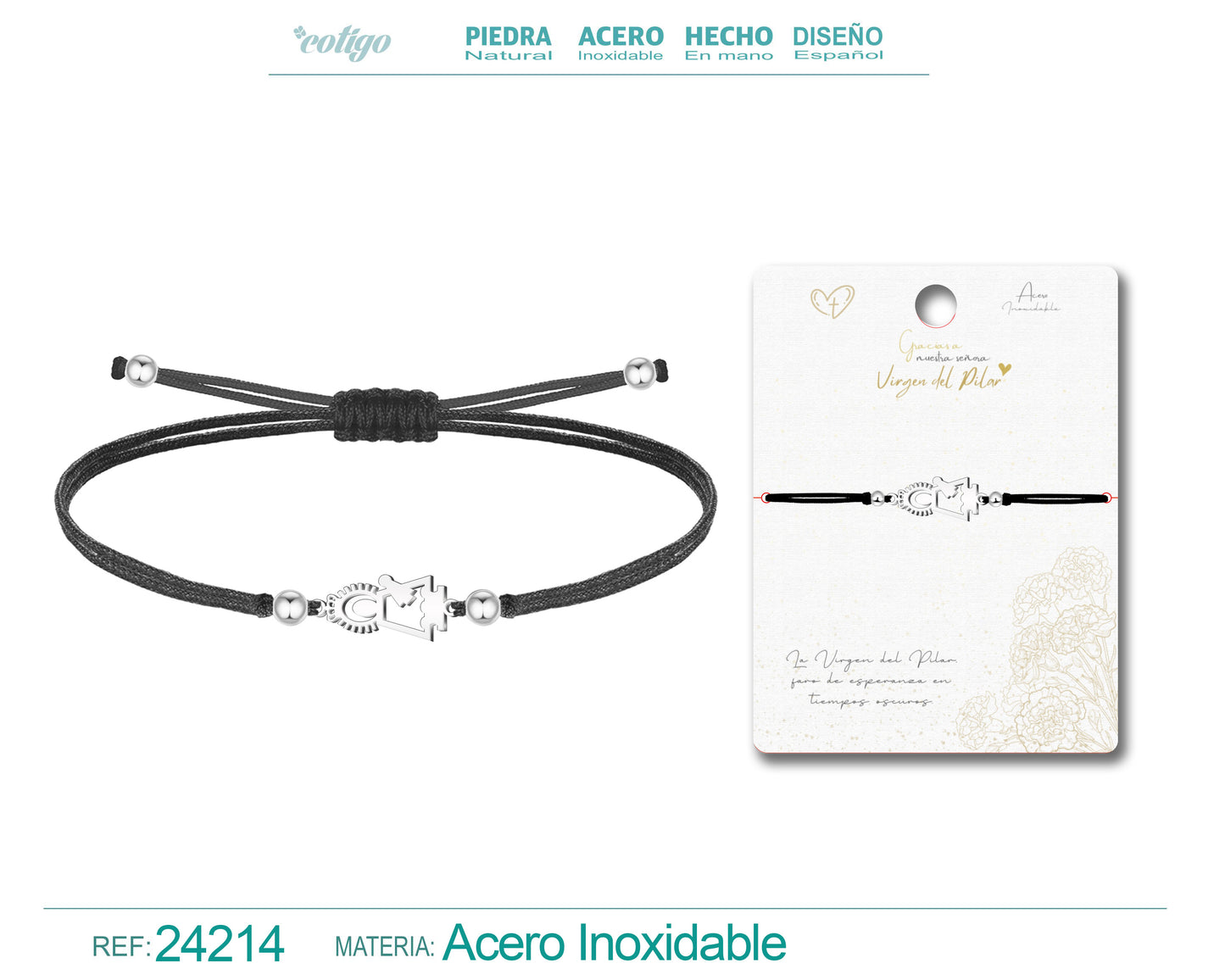 Pulsera Hilo Encerado Negro con Silueta de Virgen del Pilar Plateado