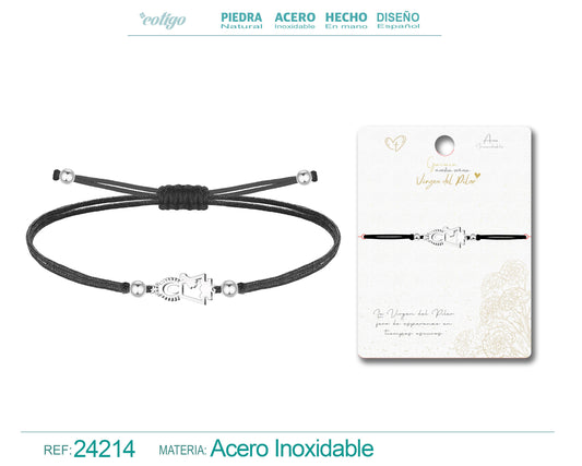 Pulsera Hilo Encerado Negro con Silueta de Virgen del Pilar Plateado