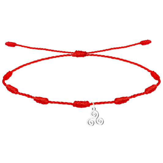 Pulsera de 7 nudos roja con trisquel plateado en acero inoxidable