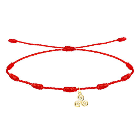 Pulsera de 7 nudos roja con trisquel dorado en acero inoxidable