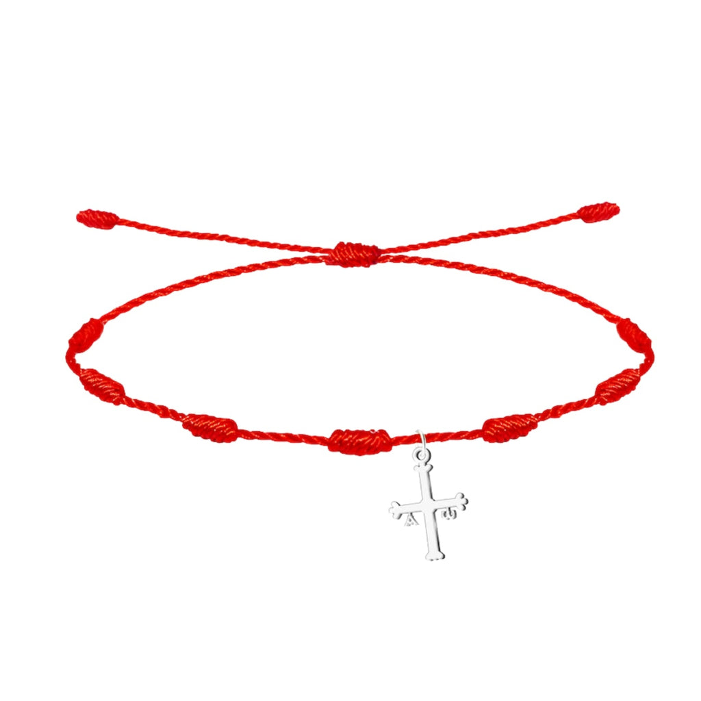 Pulsera de hilo rojo con 7 nudos y colgante de la Cruz de la Victoria en acero plateado.