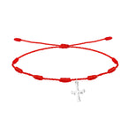 Pulsera de hilo rojo con 7 nudos y colgante de la Cruz de la Victoria en acero plateado.