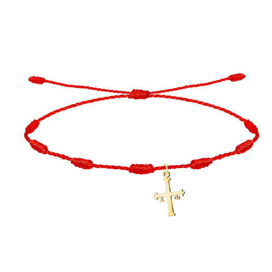 Pulsera de hilo rojo con 7 nudos y pequeño colgante de la Cruz de la Victoria en acero dorado.