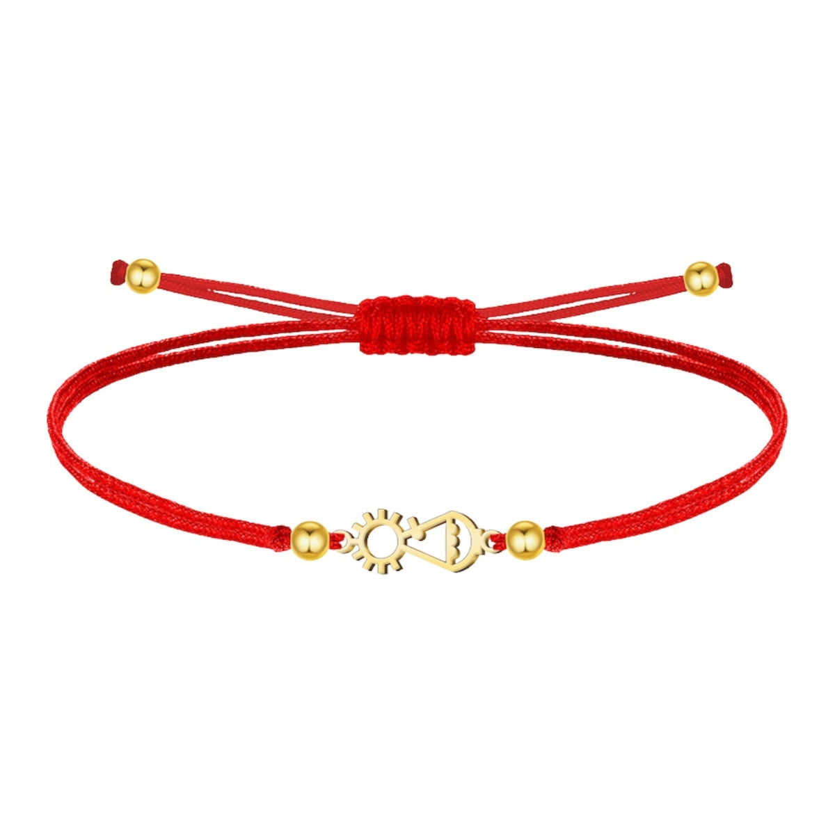 Pulsera de hilo rojo ajustable con silueta de la Virgen de Covadonga en acero dorado
