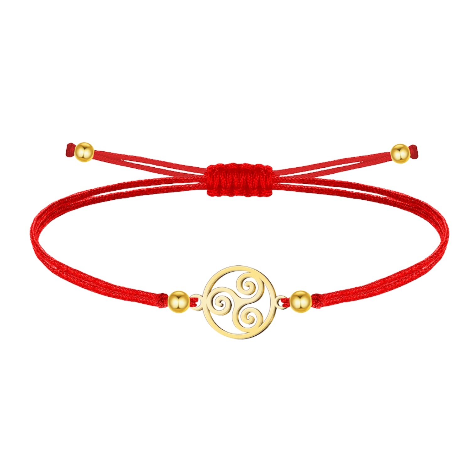 Pulsera religiosa con trisquel dorado en hilo rojo ajustable
