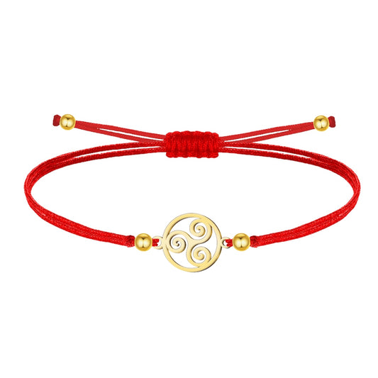 Pulsera religiosa con trisquel dorado en hilo rojo ajustable
