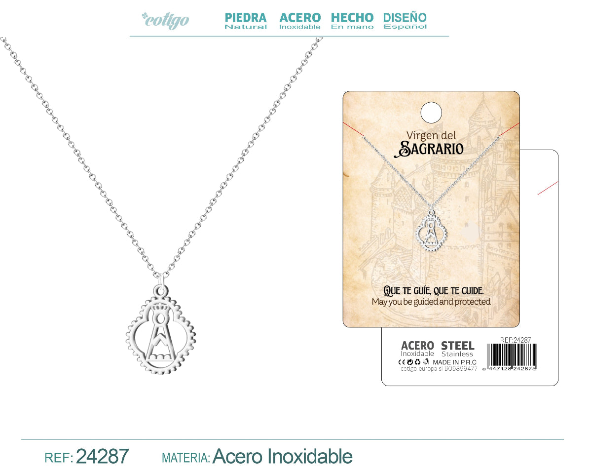 Collar con colgante silueta de la Virgen del Sagrario en acero inoxidable plateado con tarjeta de regalo