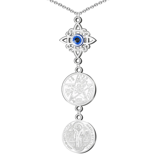 Collar de acero inoxidable dorado con tres dijes en disposición vertical: Medallón del Tetragrammatón (centro), Nudo de Bruja (arriba) y Medalla de San Benito (abajo).