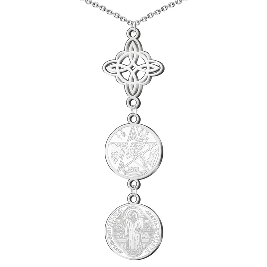 Collar Triple Protección: Nudo de Bruja, San Benito y Tetragrámaton en Acero Inoxidable