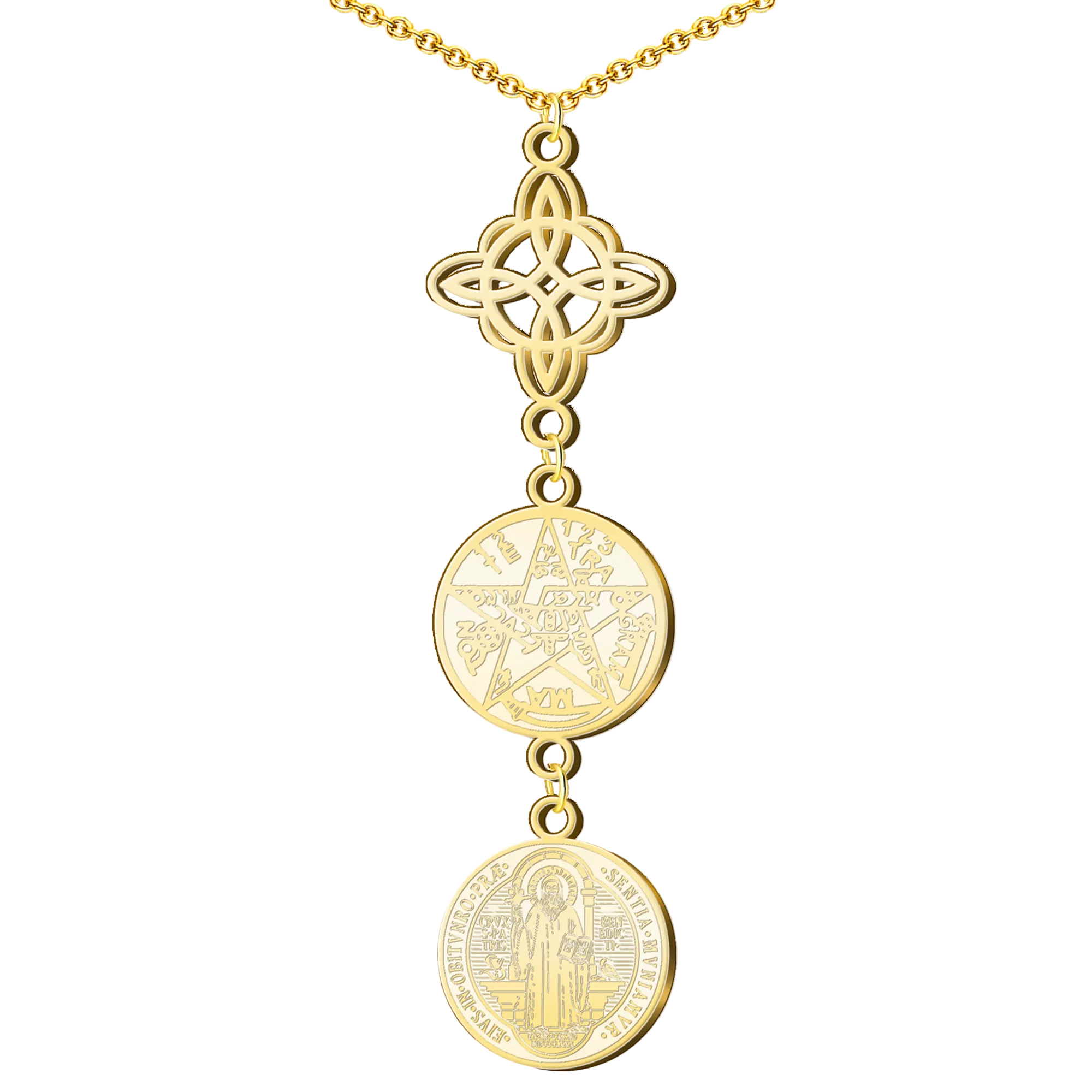 Collar Triple Protección: Nudo de Bruja, San Benito y Tetragrámaton en Acero Dorado cotigo