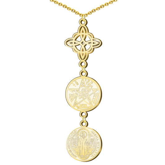 Collar Triple Protección: Nudo de Bruja, San Benito y Tetragrámaton en Acero Dorado