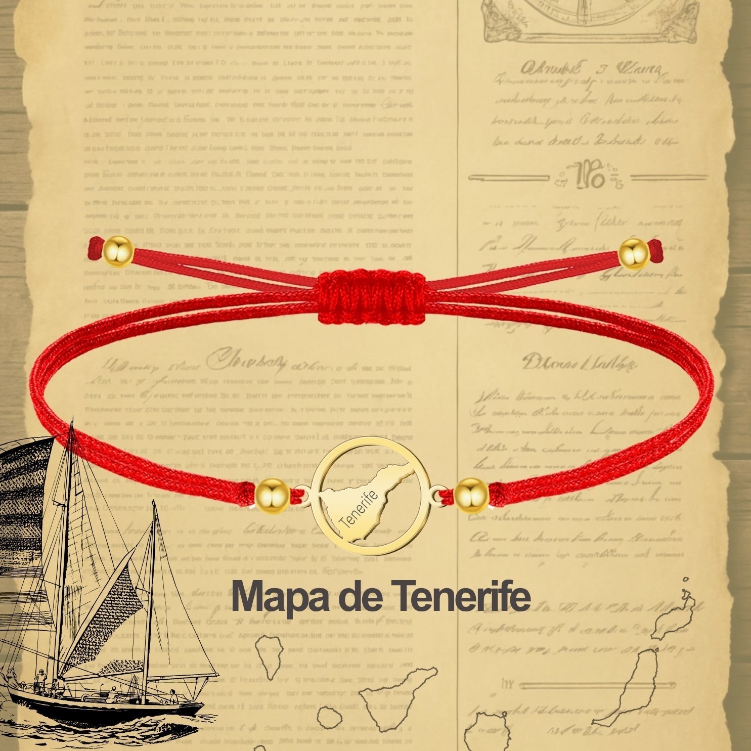 Pulsera Hilo Encerado Mapa de Tenerife Acero Dorado