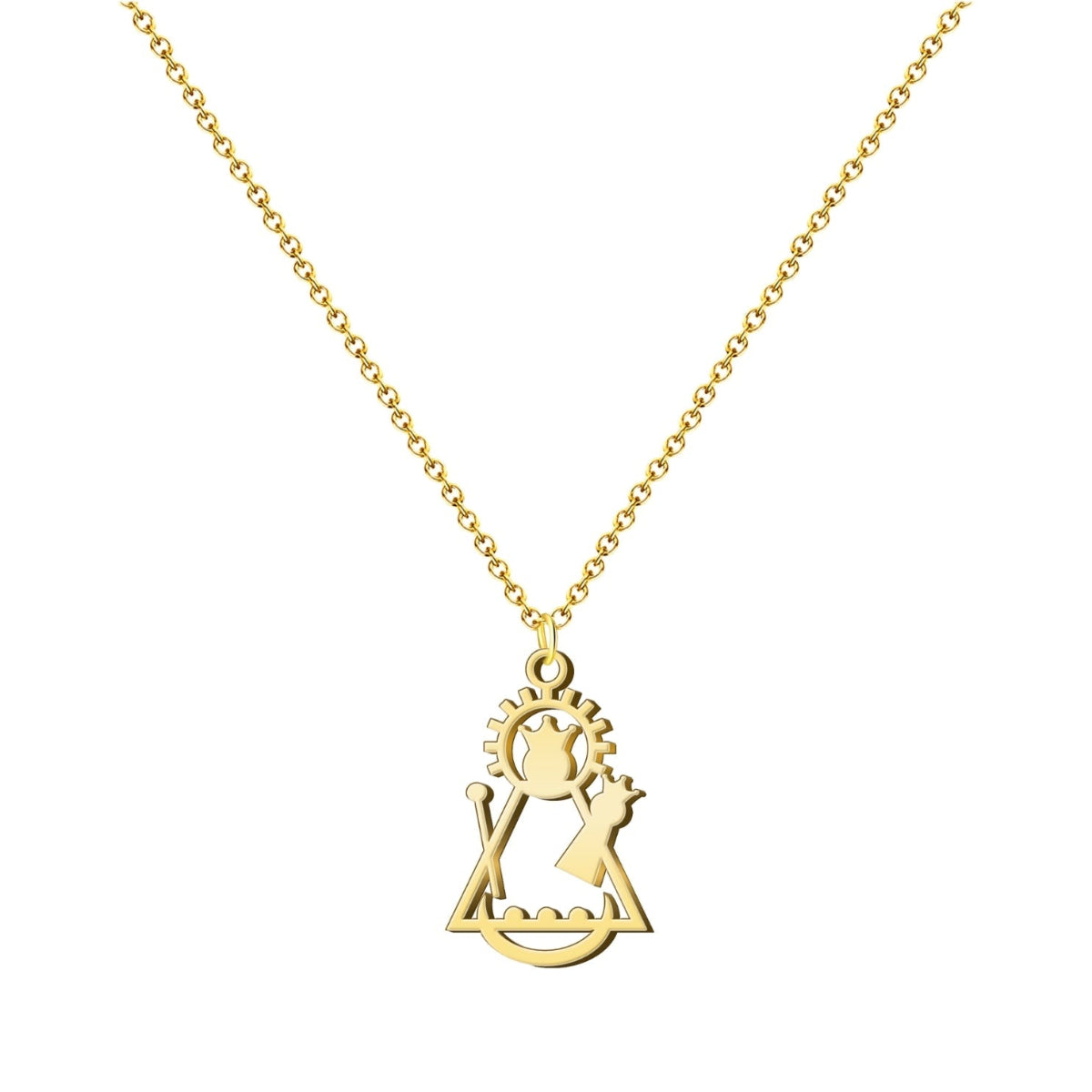 Collar con colgante de silueta calada moderna de la Virgen de Candelaria en acero inoxidable dorado, con detalles de media luna, corona y candela, suspendido de una cadena fina.