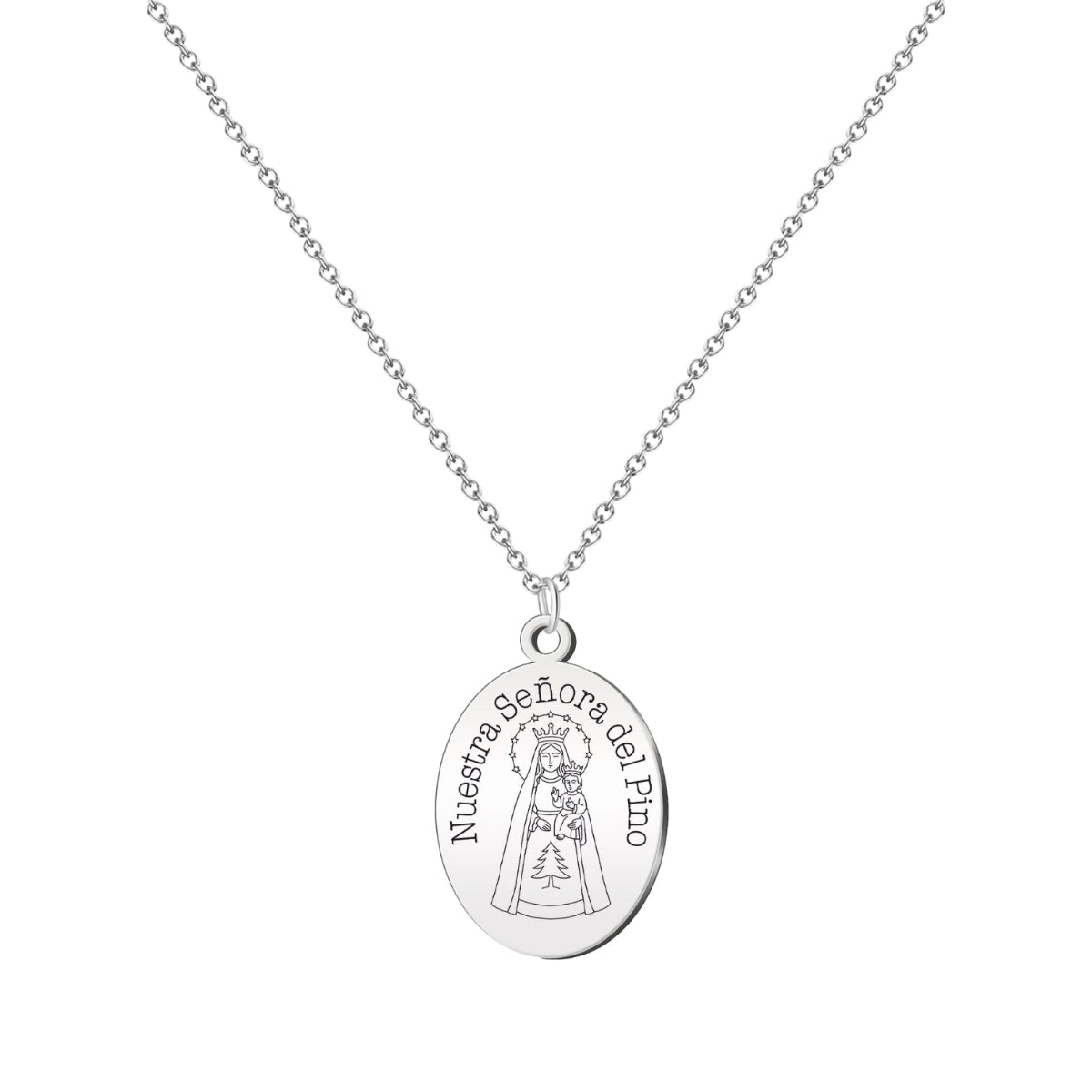 Collar con medalla ovalada grabada de Nuestra Señora del Pino en acero inoxidable plateado