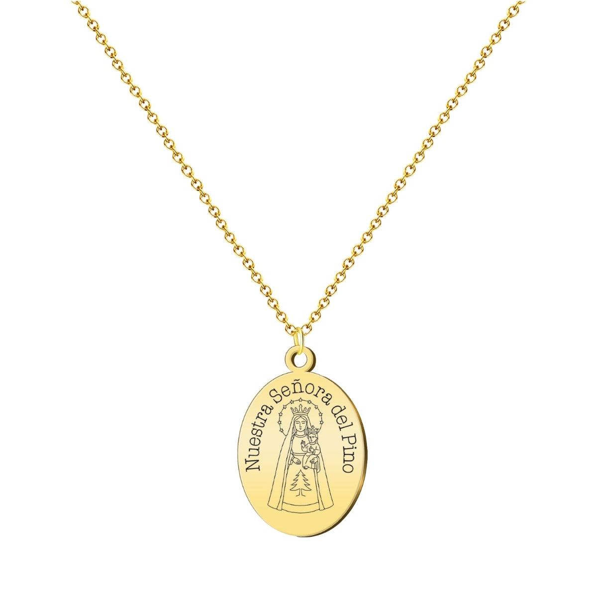 Collar con medalla ovalada dorada grabada de Nuestra Señora del Pino en acero inoxidable bañado en oro