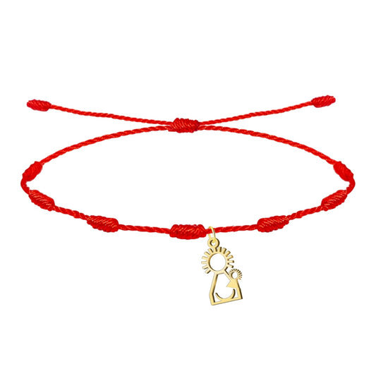 Pulsera de hilo rojo de 7 nudos ajustable con colgante de la silueta de la Virgen del Pino en acero inoxidable dorado
