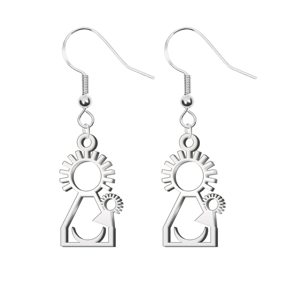 Pendientes largos de gancho con silueta calada de la Virgen del Pino en acero inoxidable plateado