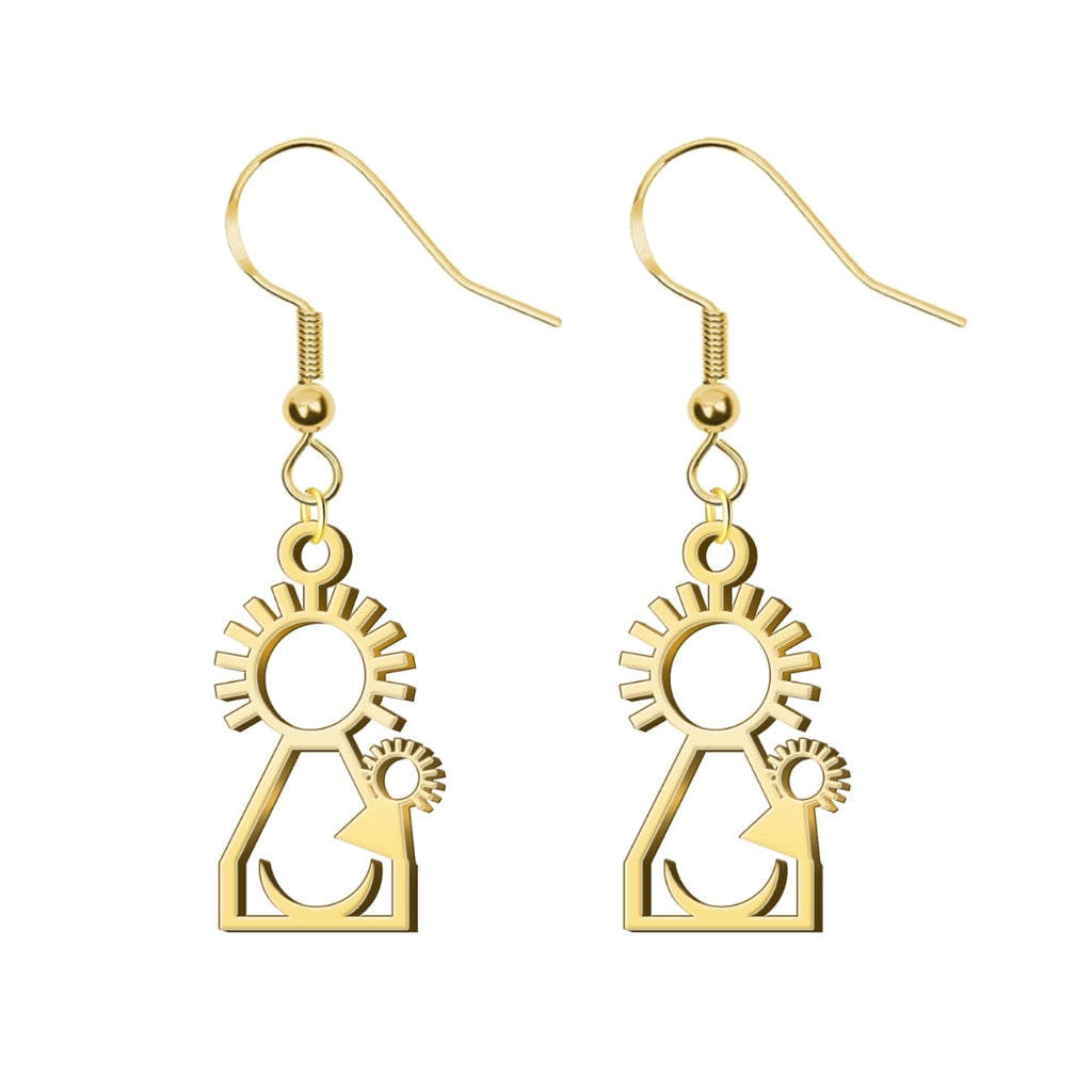 Pendientes largos de gancho con silueta calada de la Virgen del Pino en acero inoxidable dorado