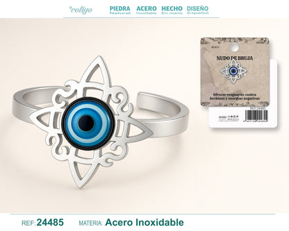 Anillo Nudo de Bruja con Ojo Turco Azul • Acero Inoxidable • Amuleto de Protección + Pulsera Roja 7 Nudos