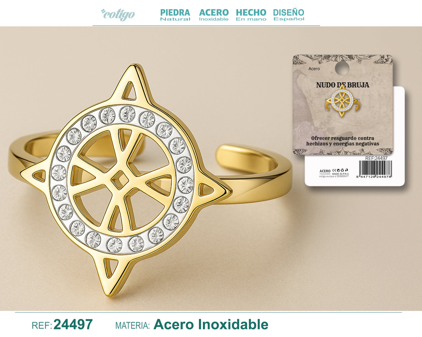 Anillo Nudo de Bruja – Acero Inoxidable Dorado, Amuleto de Protección con Caja de Regalo