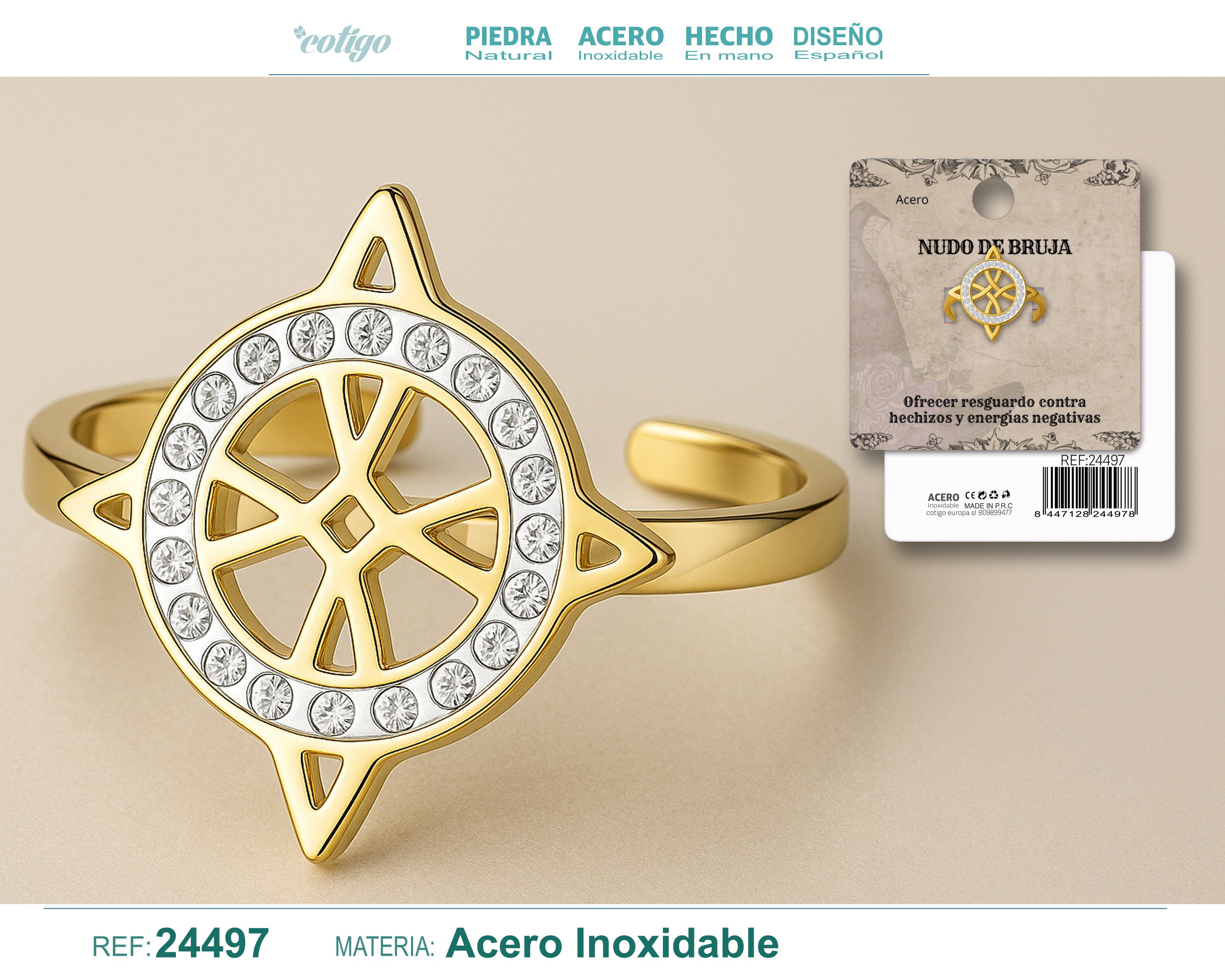 Anillo Nudo de Bruja con Circonitas en Acero Dorado - cotigo