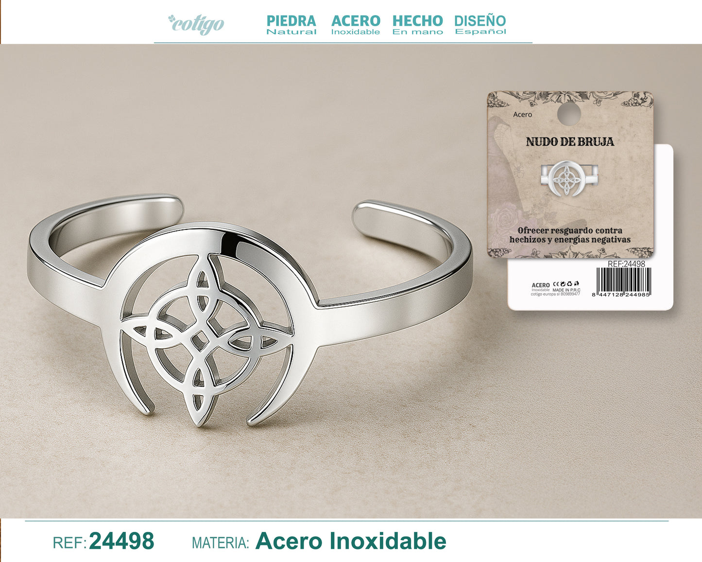 Anillo Nudo de Bruja – Acero Inoxidable Plateado, Amuleto de Protección con Caja de Regalo