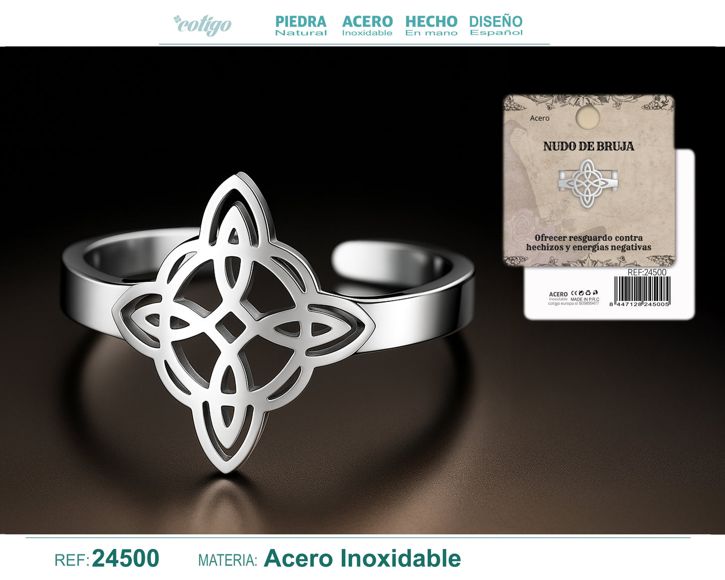 Anillo Nudo de Bruja – Acero Inoxidable Plateado, Amuleto de Protección con Caja de Regalo