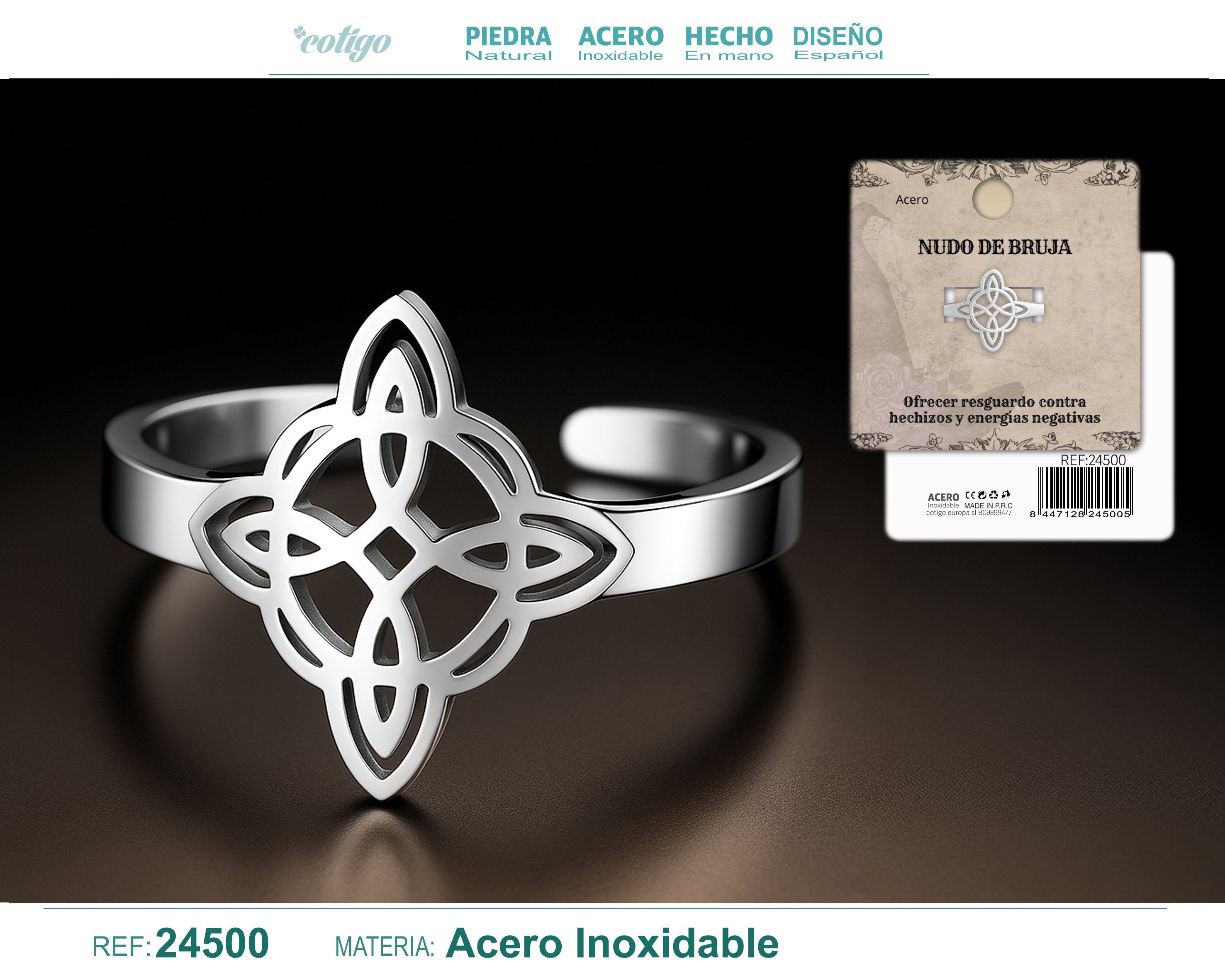 Anillo Nudo de Bruja Ajustable Acero Plateado - cotigo