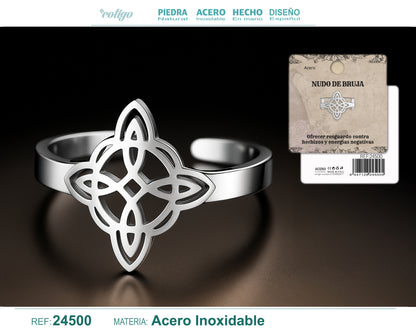 Anillo Nudo de Bruja – Acero Inoxidable Plateado, Amuleto de Protección con Caja de Regalo