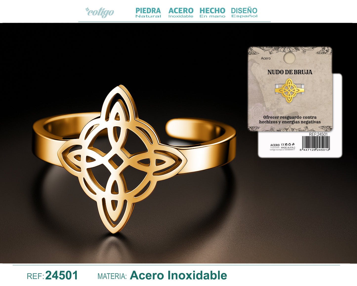 Anillo Nudo de Bruja – Acero Inoxidable Dorado, Amuleto de Protección con Caja de Regalo