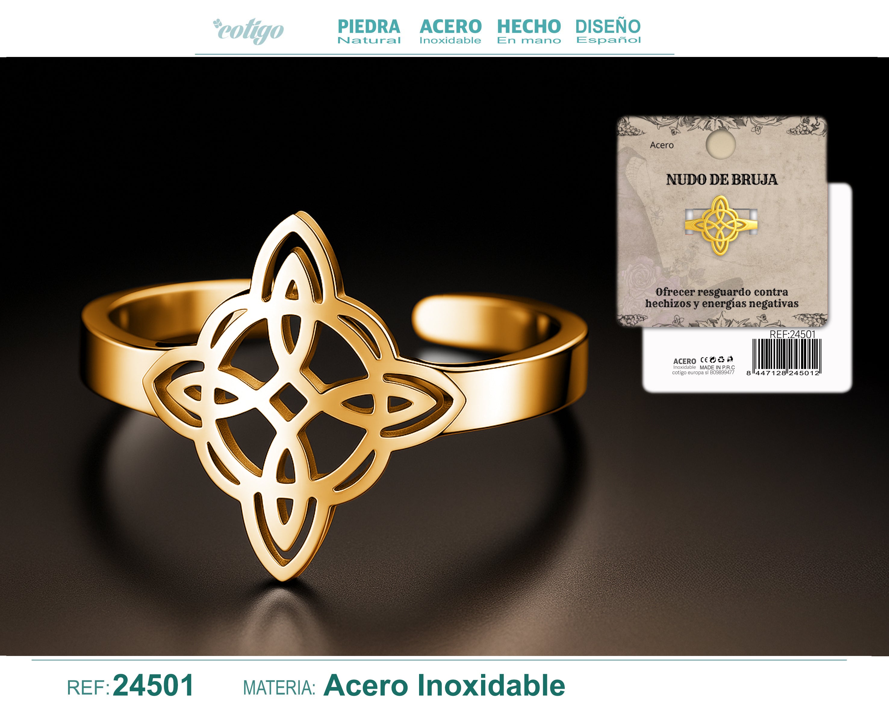 Anillo Nudo de Bruja Ajustable Acero Dorado - cotigo