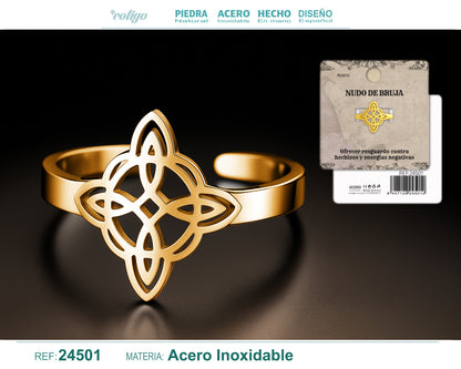 Anillo Nudo de Bruja – Acero Inoxidable Dorado, Amuleto de Protección con Caja de Regalo
