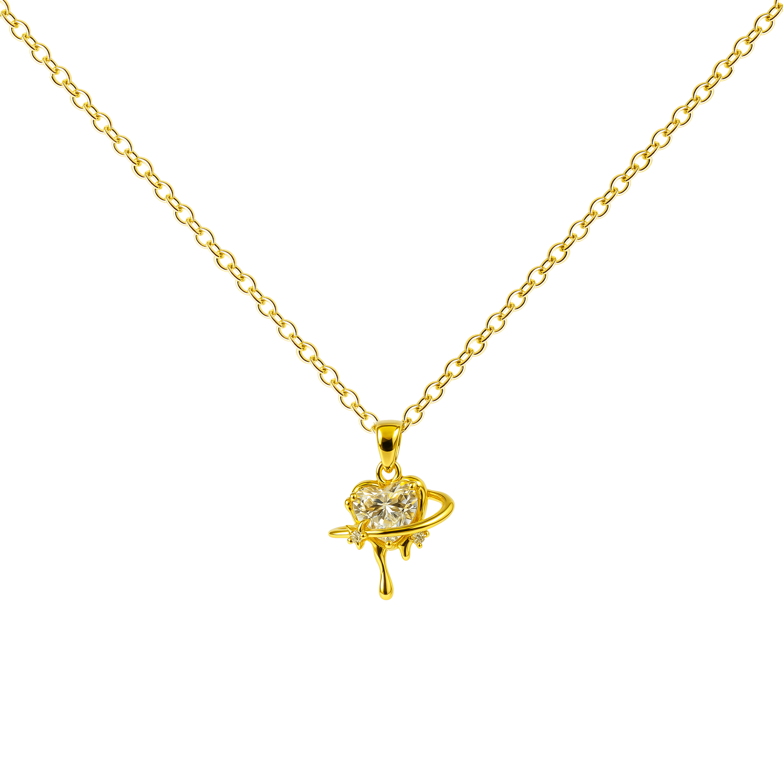 Colgante Planeta Y Corazón Dorado 14K con Circonitas