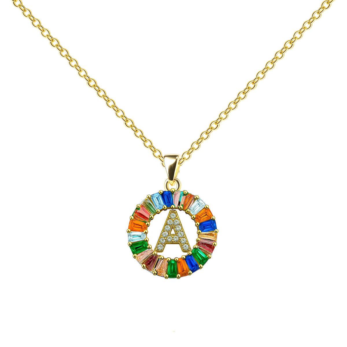 Collar con colgante de inicial A diseño Rainbow con circonitas multicolor talla baguette y baño de oro 14K.