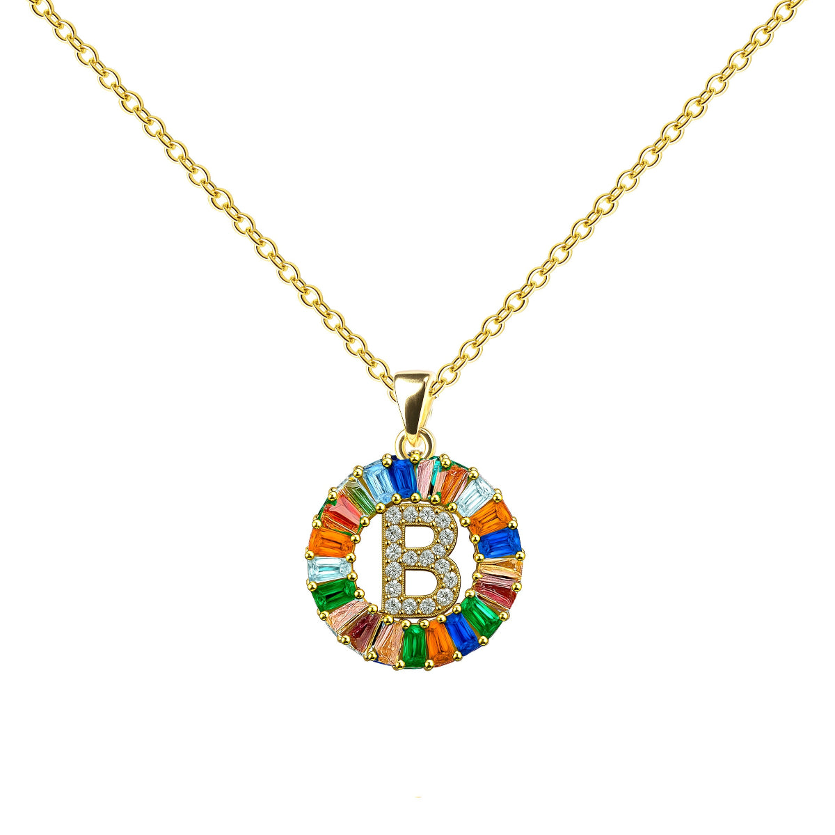 Collar con colgante de inicial B estilo Rainbow con circonitas multicolor talla baguette y baño de oro 14K.