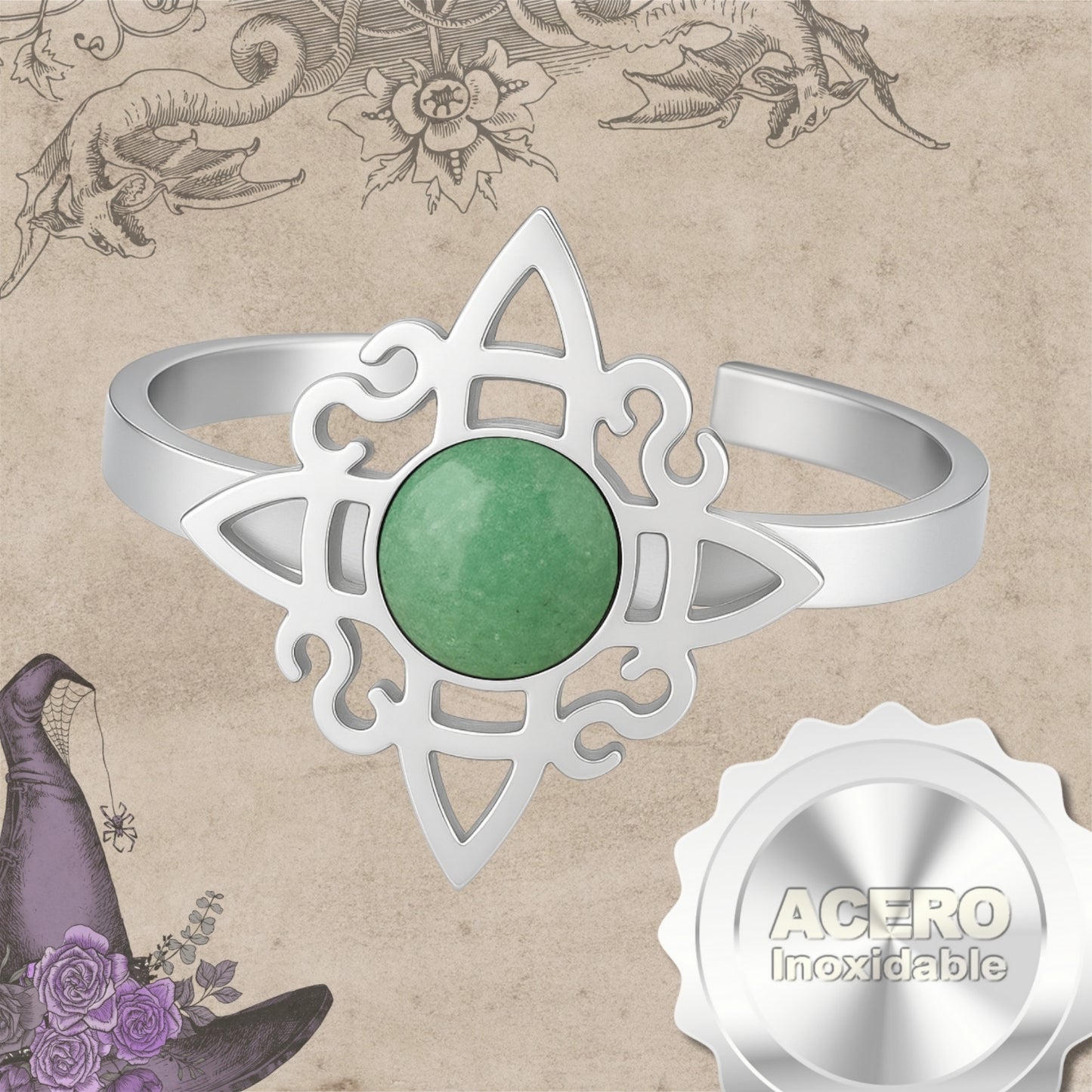 Anillo Nudo de Bruja Acero Plateado con Aventurina Verde