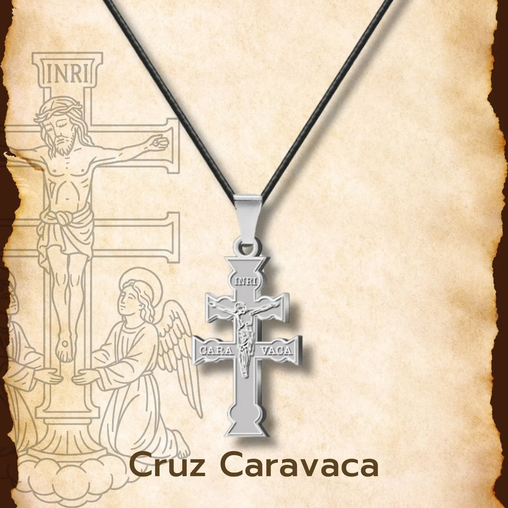 Collar Cruz de Caravaca con Cristo en Acero y Cordón - cotigo