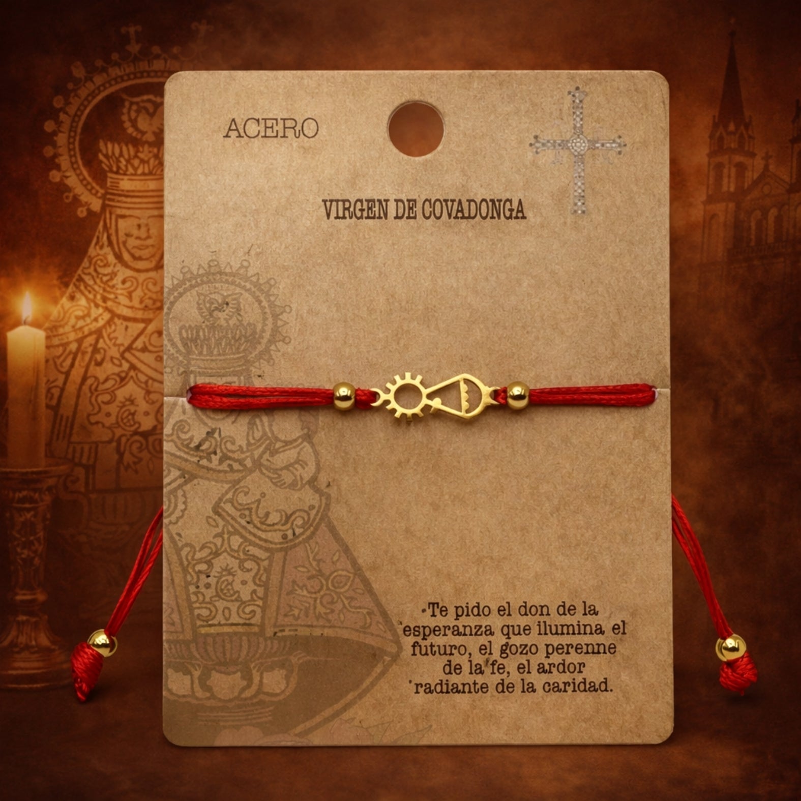Pulsera Virgen de Covadonga Hilo Rojo en Acero Dorado cotigo
