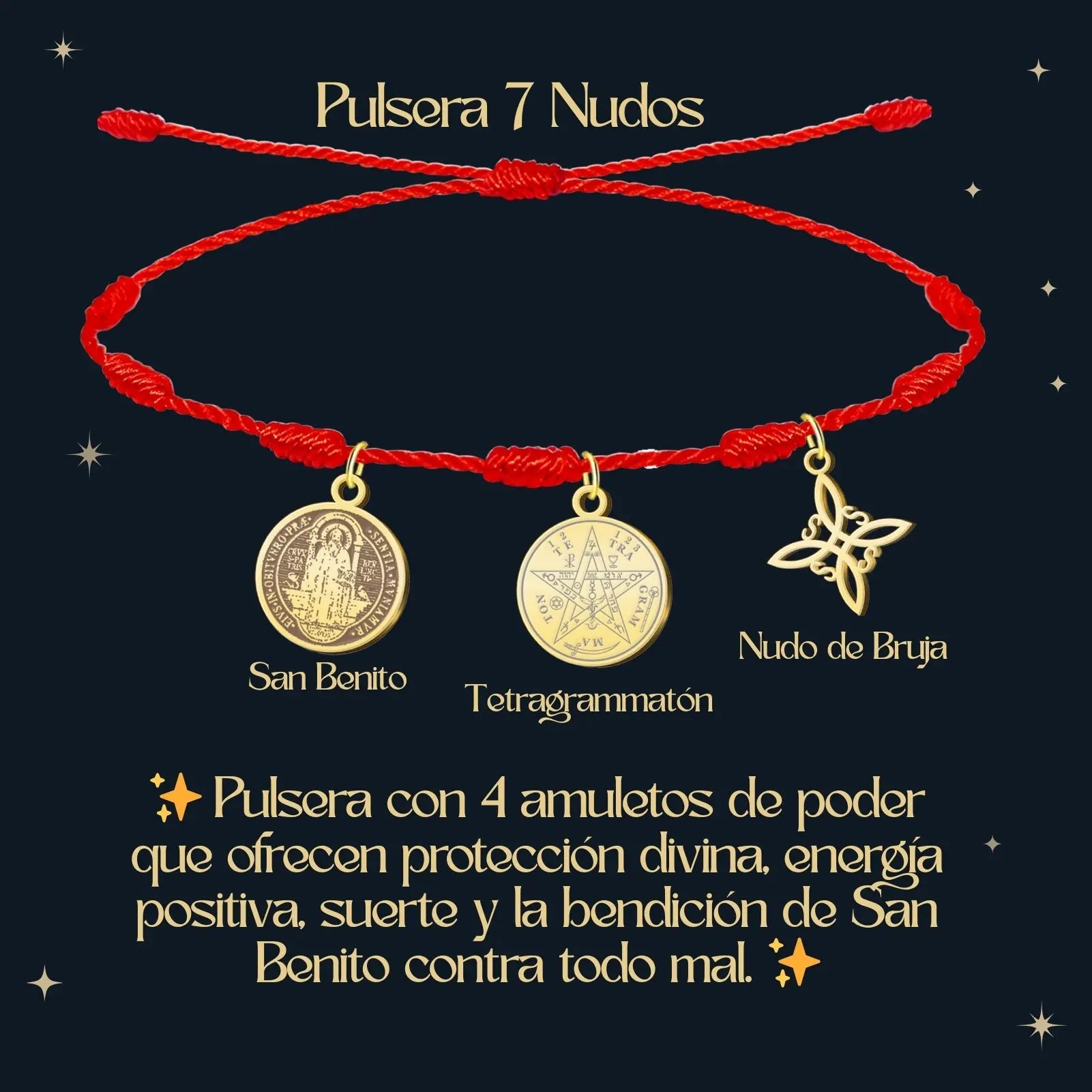 Pulsera 7 Nudos con Colgante Dorado: Tetragrammaton, Nudo de Bruja y San Benito - cotigo