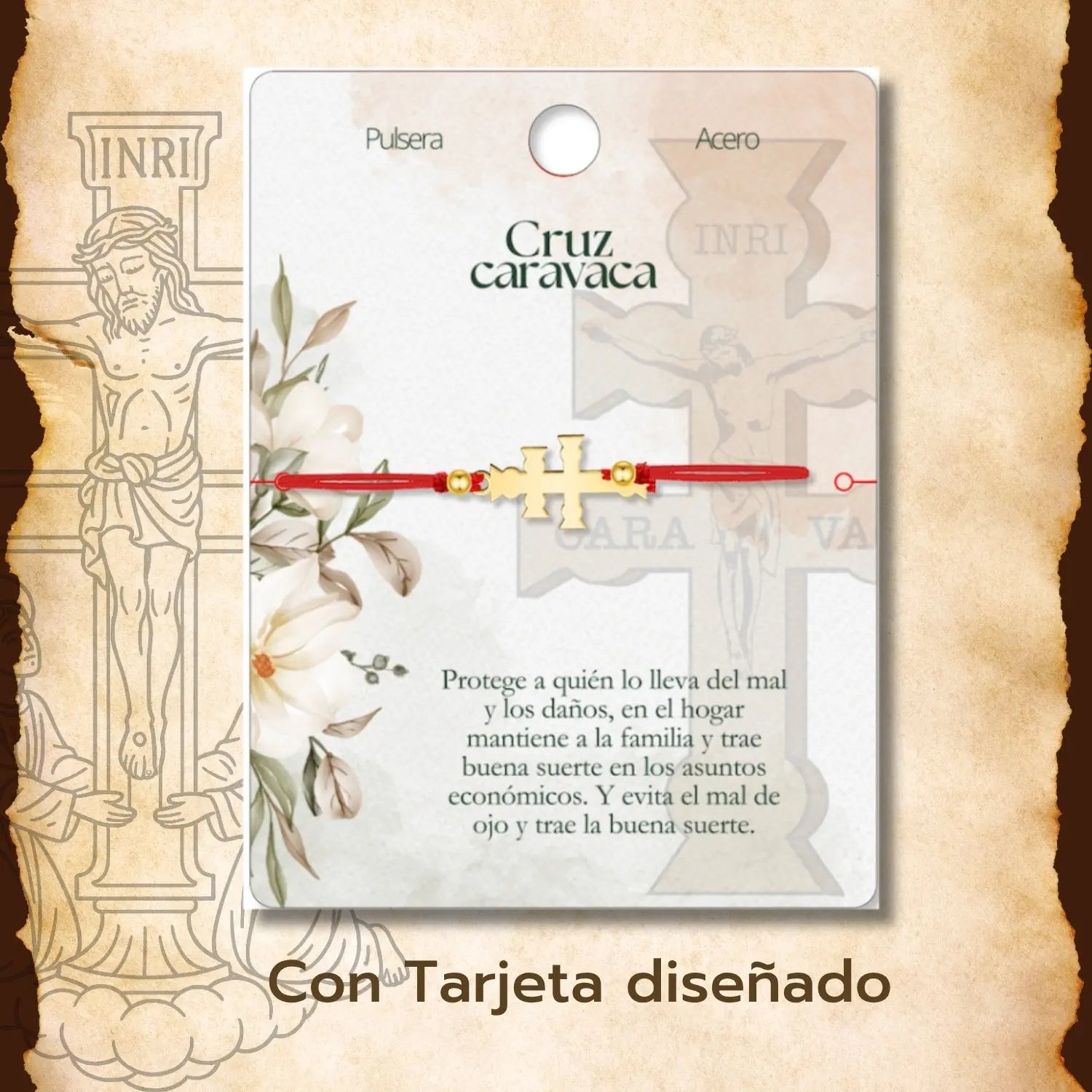 Pulsera Hilo Rojo Cruz de Caravaca en Acero Dorado detalle