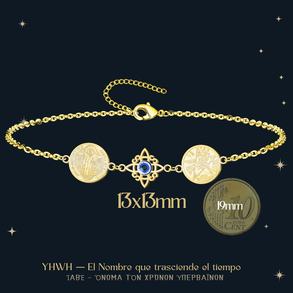 Pulsera Triple Protección Dorado: San Benito, Tetragrammaton y Nudo de Bruja con Ojo Turco - cotigo