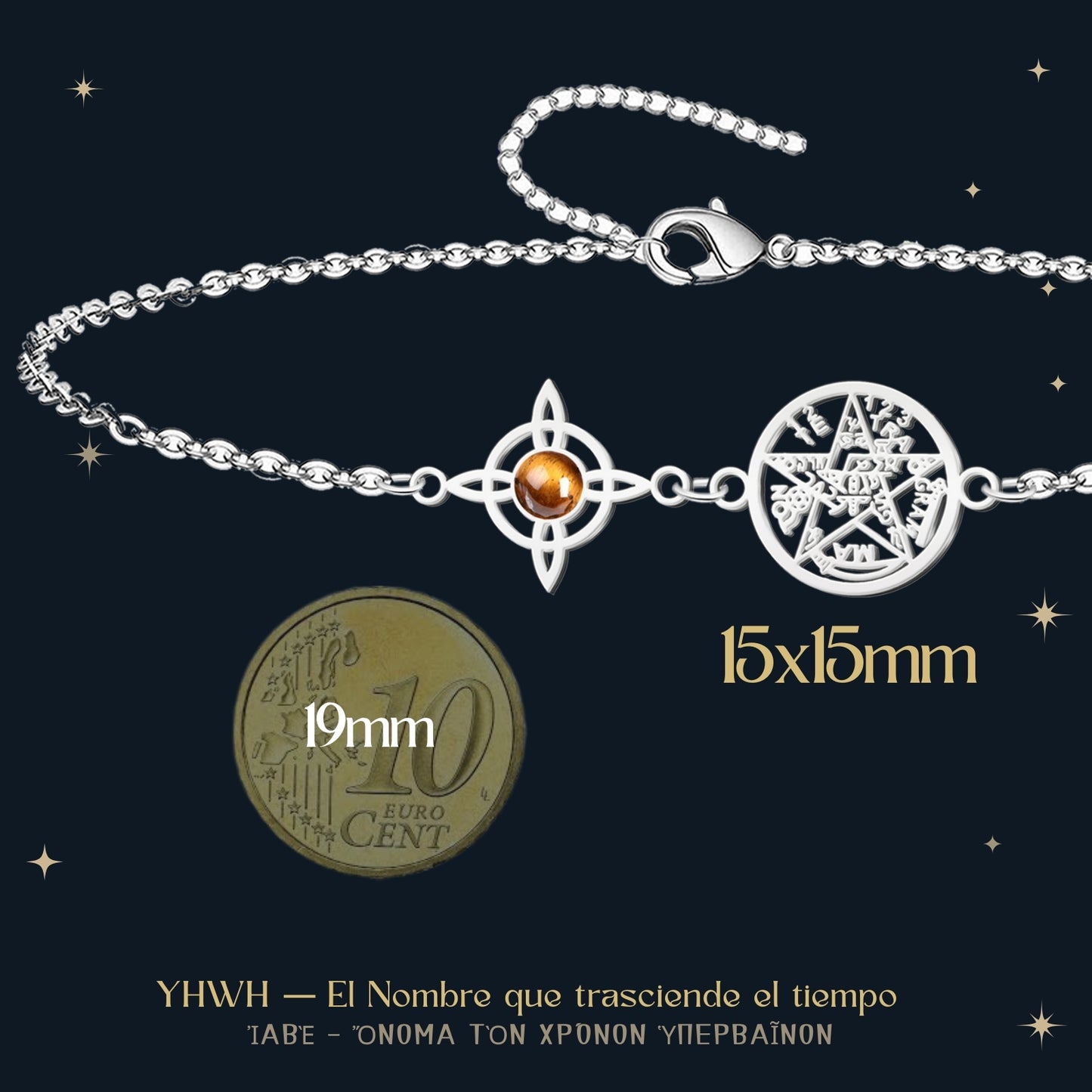 Colgante Tetragrammatón con Nudo de Bruja y Ojo de Tigre – Amuleto de Protección y Fuerza Interior en Acero Inoxidable