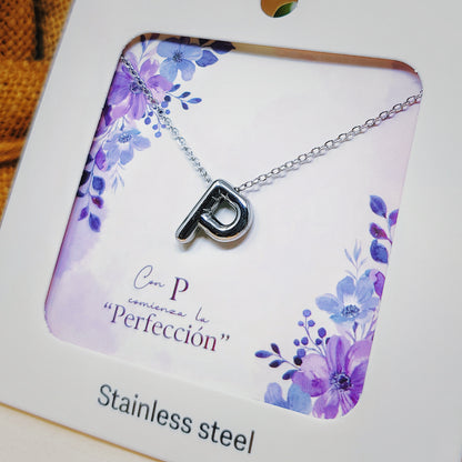 Collar Letra Inicial P Estilo Globo en Acero Inoxidable
