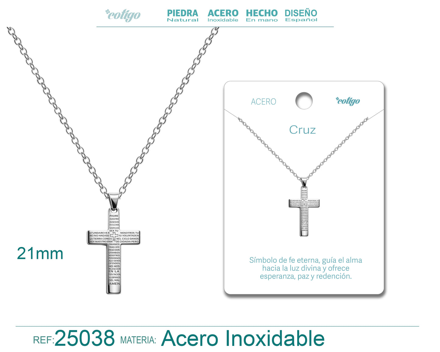 Collar Cruz en Acero con Relieve