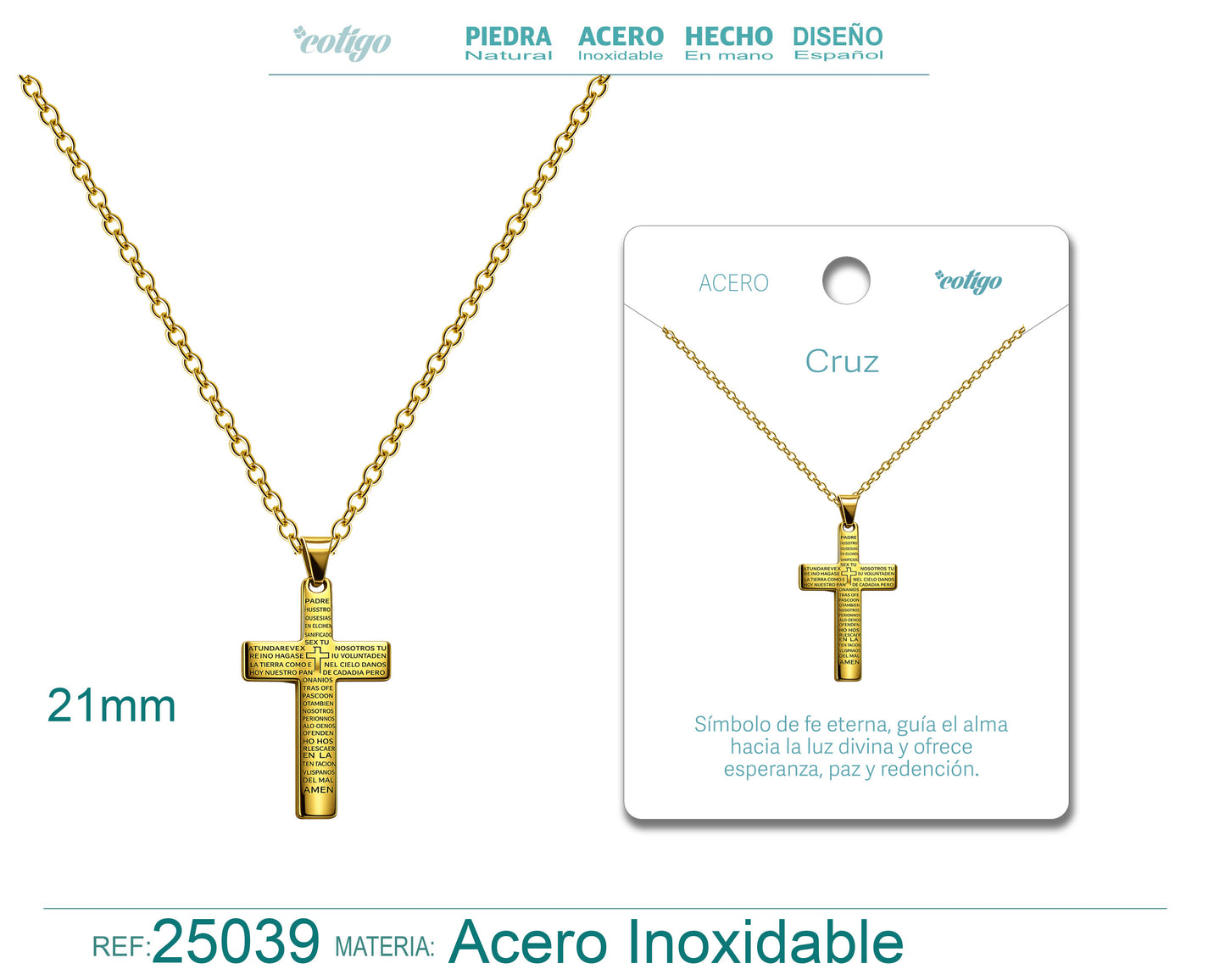 Collar Cruz en Acero Dorado con Relieve