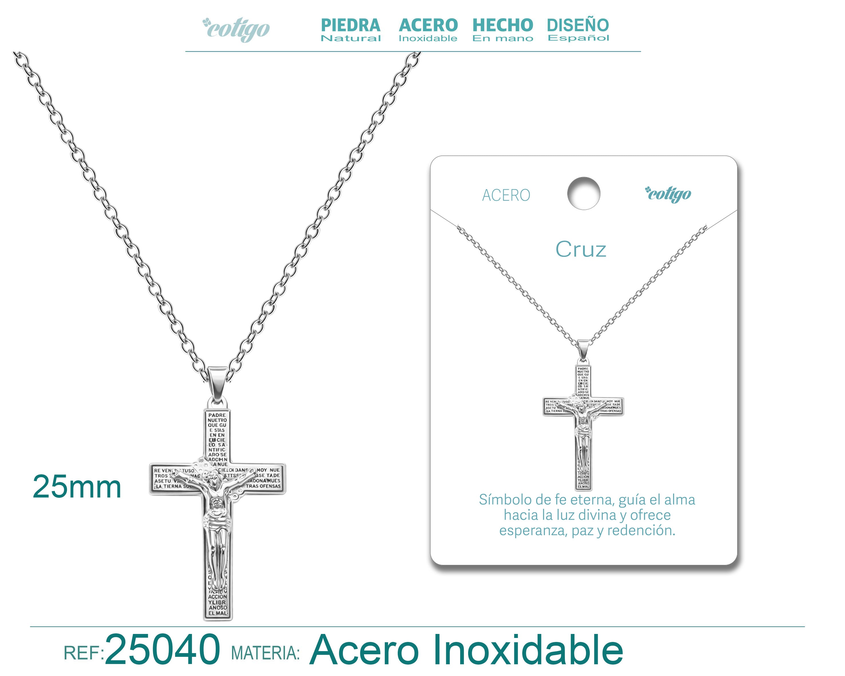 Collar con cruz de Jesús crucificado y oración del Padre Nuestro en Acero cotigo